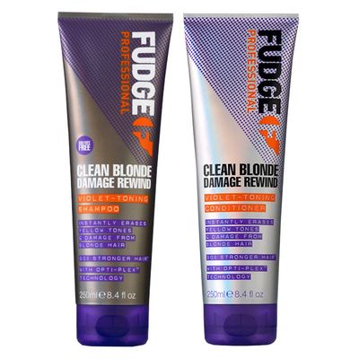 FUDGE Clean Blonde Damage Rewind Purple Violet Toning & Repair Shampoo & Conditioner 250ml Duo in Clear