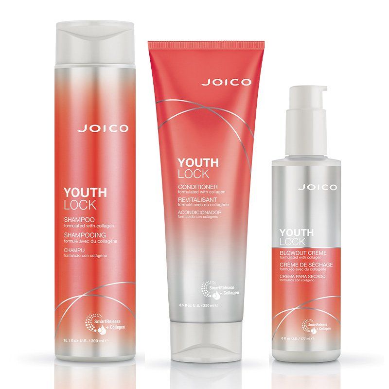 JOICO YouthLock Shampoo 300ml, Conditioner 250ml, Anti-Frizz Blowout Crème 177ml Pack in Clear - Image 1
