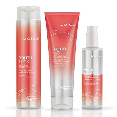 JOICO YouthLock Shampoo 300ml, Conditioner 250ml, Anti-Frizz Blowout Crème 177ml Pack in Clear
