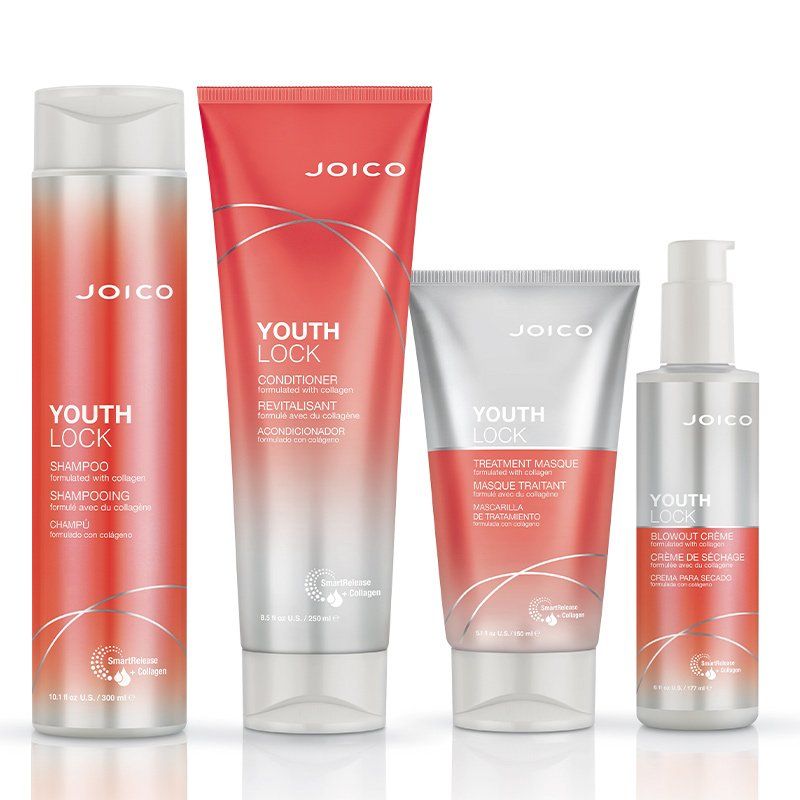JOICO YouthLock Shampoo 300ml, Conditioner 250ml, Treatment Masque 150ml & Anti-Frizz Blowout Crème 177ml Pack in Clear - Image 1