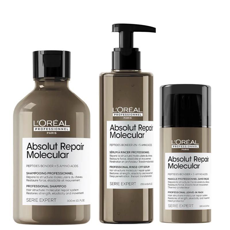 L'Oreal Professionnel Serie Expert Absolut Repair Molecular Hair Shampoo 300ml, Leave-In-Mask 100ml & Rinse-off Serum 250ml Pack in Clear - Image 1