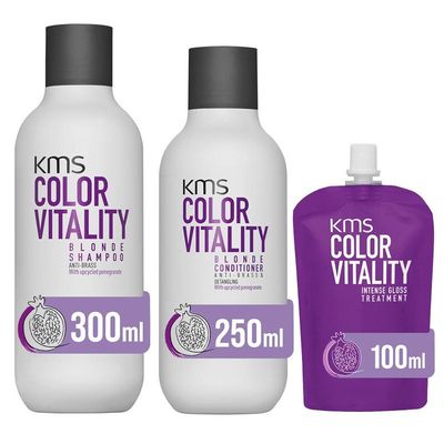 KMS Color Vitality Blonde Shampoo 300ml, Blonde Conditioner 250ml & Intense Gloss Treatment 100ml in Clear
