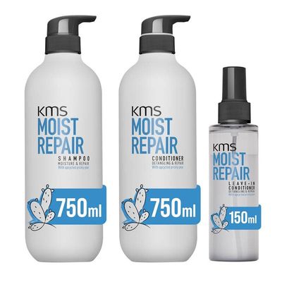 KMS Moist Repair Shampoo 750ml, Conditioner 750ml & Leave-In Conditioner 150ml Pack
