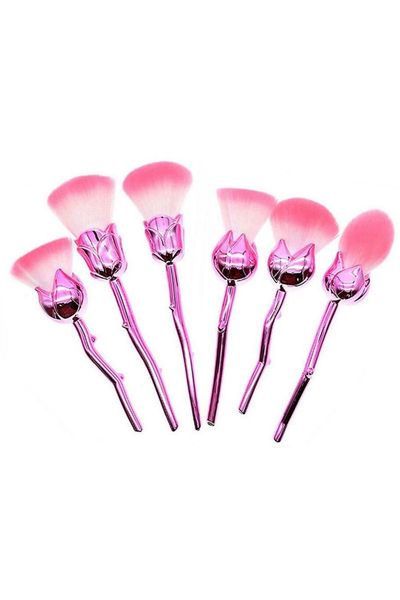 Beauty and the Beast-Inspired Rose Pink Makeup Brushes with Glossy Handles - Pink