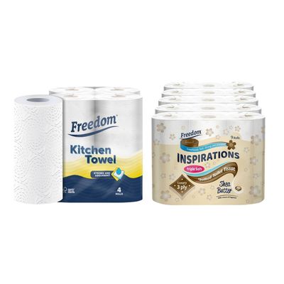 Freedom Shea Butter 3-Ply 90 Rolls + Rhino Kitchen Paper 24 Rolls in White