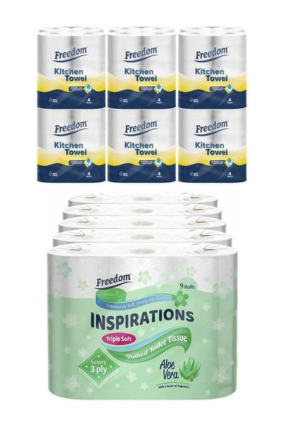Freedom Aloe Vera Toilet Paper 45 Rolls with Kitchen Towels 24 Rolls - White