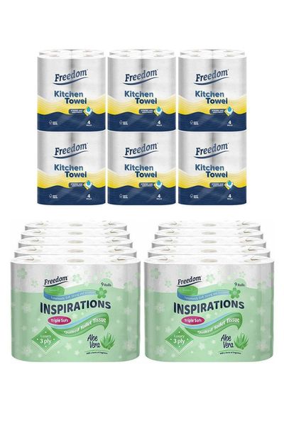 Freedom Aloe Vera Toilet Paper 90 Rolls with Kitchen Towels 24 Rolls - White