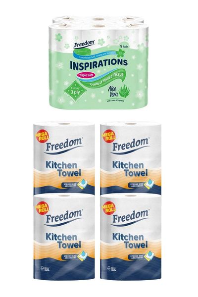 Freedom Aloe Vera Toilet Paper 45 Rolls with Jumbo Kitchen Towels 24 Rolls - White