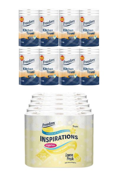 Freedom Lemon Toilet Paper 45 Rolls with Jumbo Kitchen Towels 24 Rolls - White