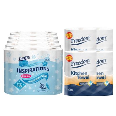 Freedom Soft White 3-Ply 45 Rolls + Rhino Jumbo Kitchen Towels 24 Rolls
