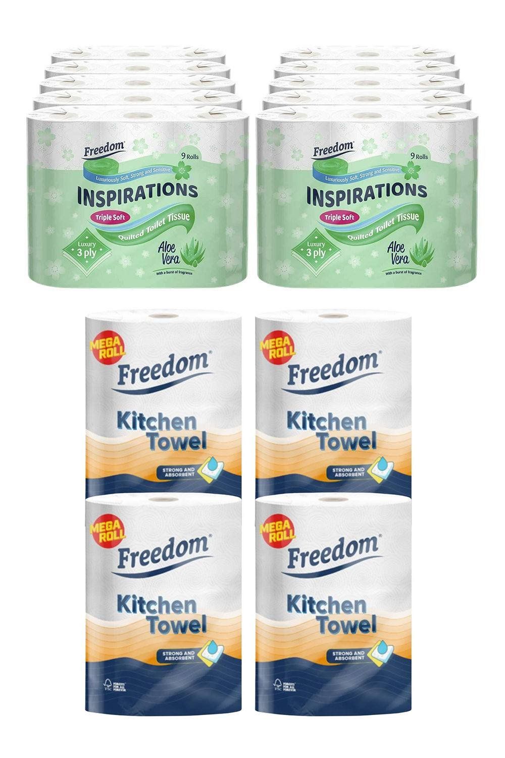 Freedom Aloe Vera Toilet Paper 90 Rolls with Jumbo Kitchen Towels 24 Rolls - White - Image 1