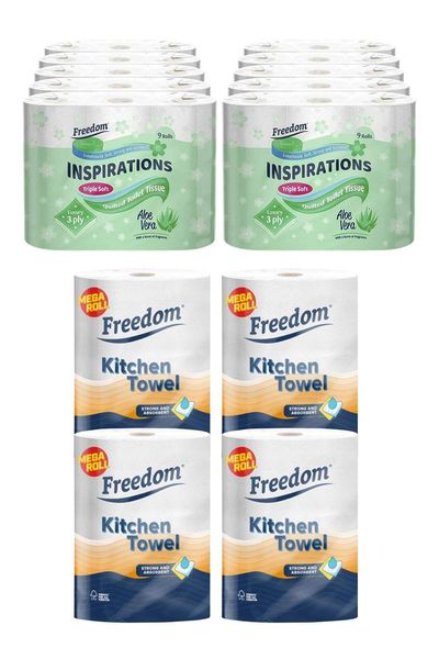 Freedom Aloe Vera Toilet Paper 90 Rolls with Jumbo Kitchen Towels 24 Rolls - White