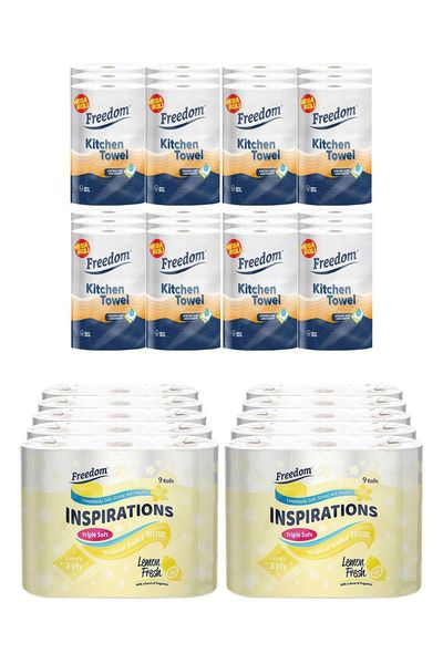 Freedom Lemon Toilet Paper 90 Rolls with Jumbo Kitchen Towels 24 Rolls - White