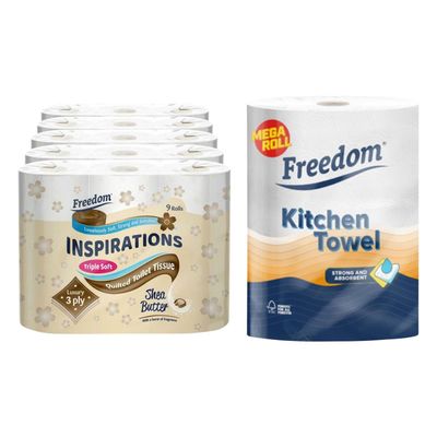 Freedom Shea Butter 3-Ply 90 Rolls + Rhino Jumbo Kitchen Towels 24 Rolls in White