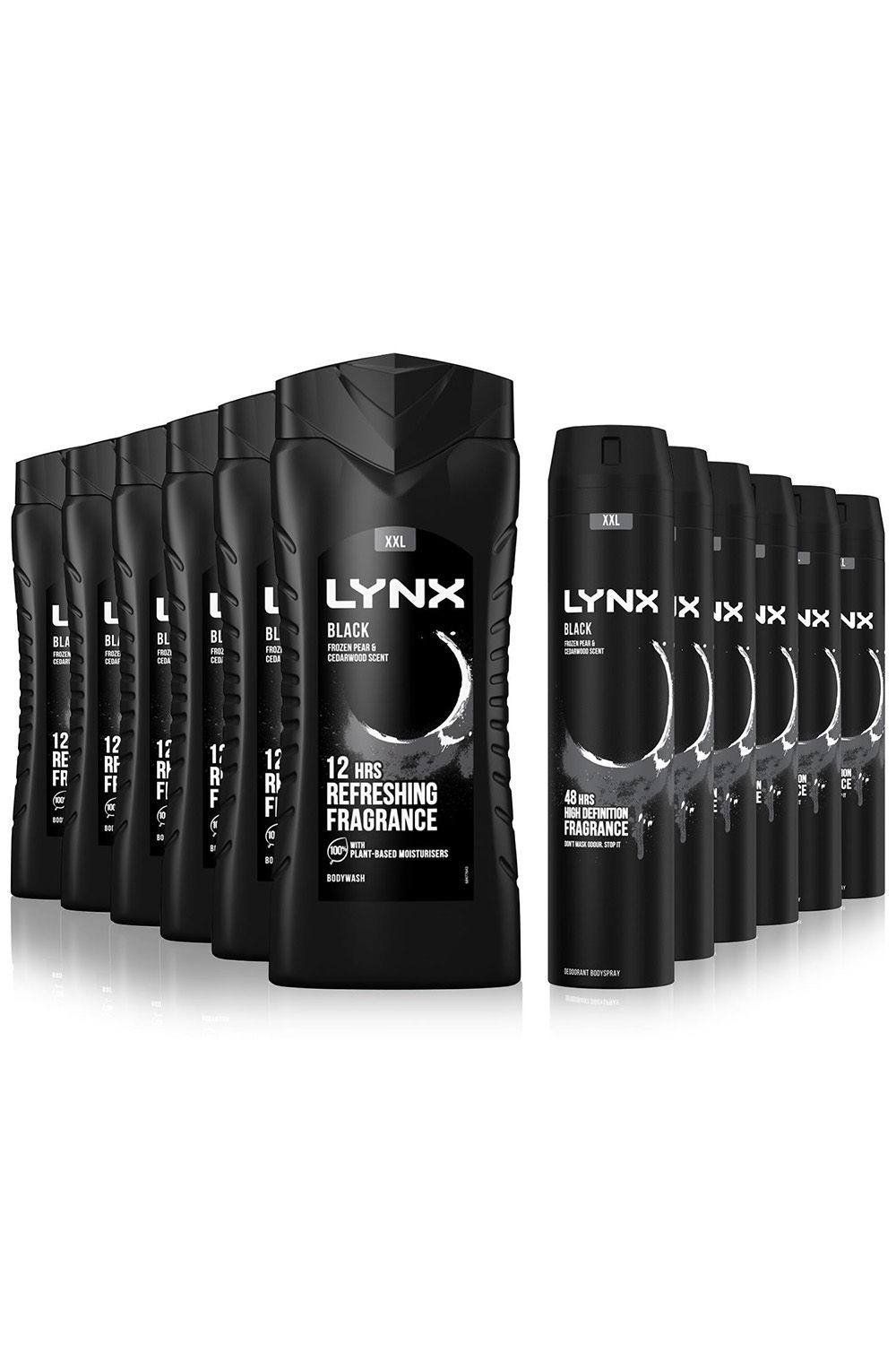 Lynx Black 12H Refreshing Shower Gel 500ml, 6 Pack with 48H Fresh Body Spray 250ml, 6 Pack - Image 1
