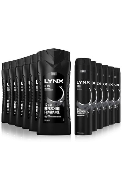 Lynx Black 12H Refreshing Shower Gel 500ml, 6 Pack with 48H Fresh Body Spray 250ml, 6 Pack
