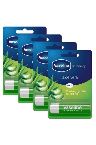 Vaseline Lip Therapy With Petroleum Jelly Balm Sticks, Aloe Vera 4g, 4 Pack - White