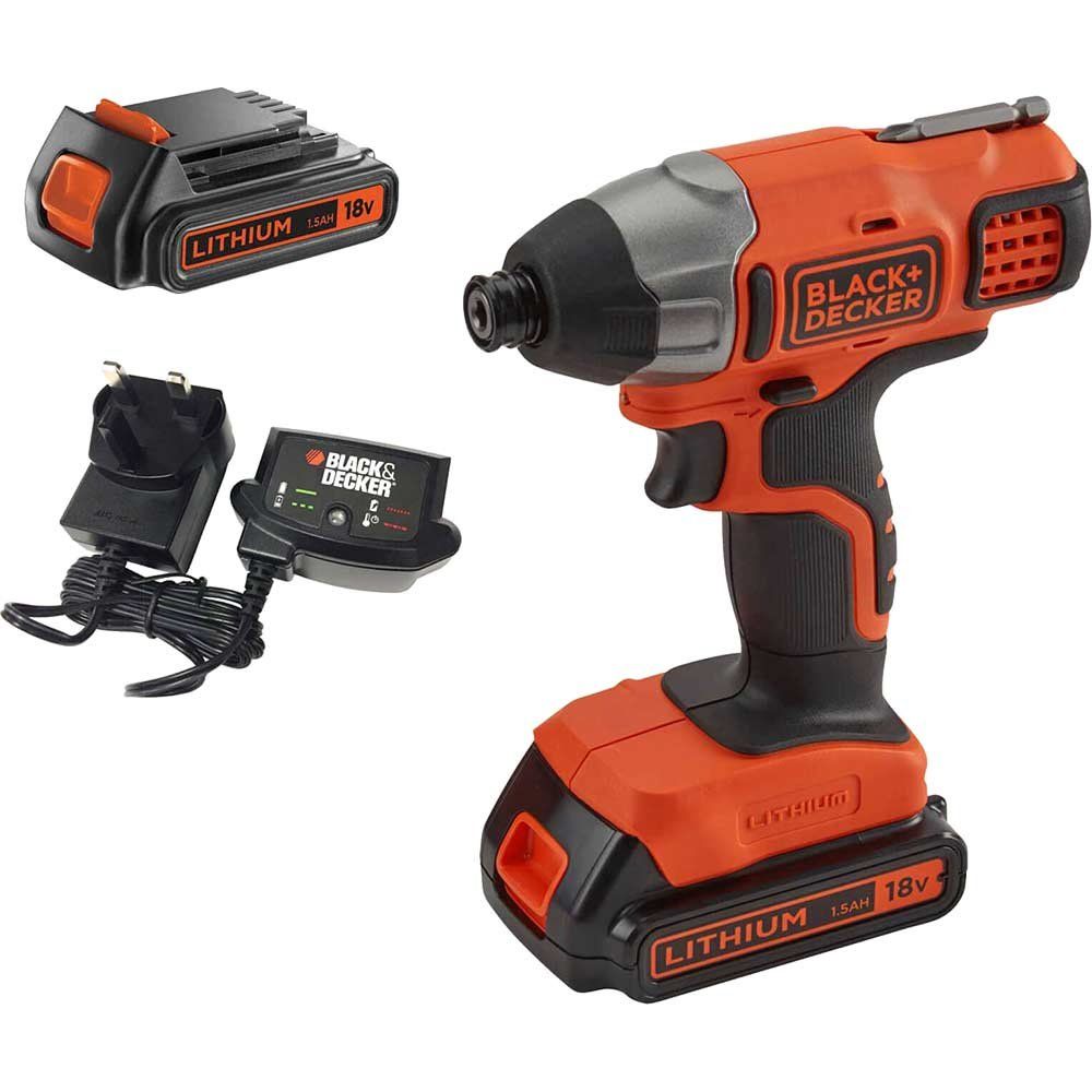 Black and Decker BDCIM18 18v Cordless Impact Driver 2 x 1.5ah Li-ion Battery Charger No Case - Image 1