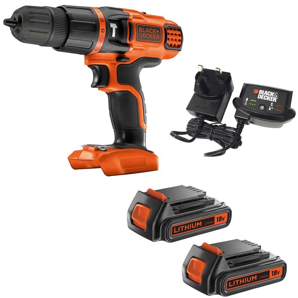 Black and Decker BDCH188 18v Cordless Combi Drill 2 x 2ah Li-ion Battery Charger No Case - Image 1