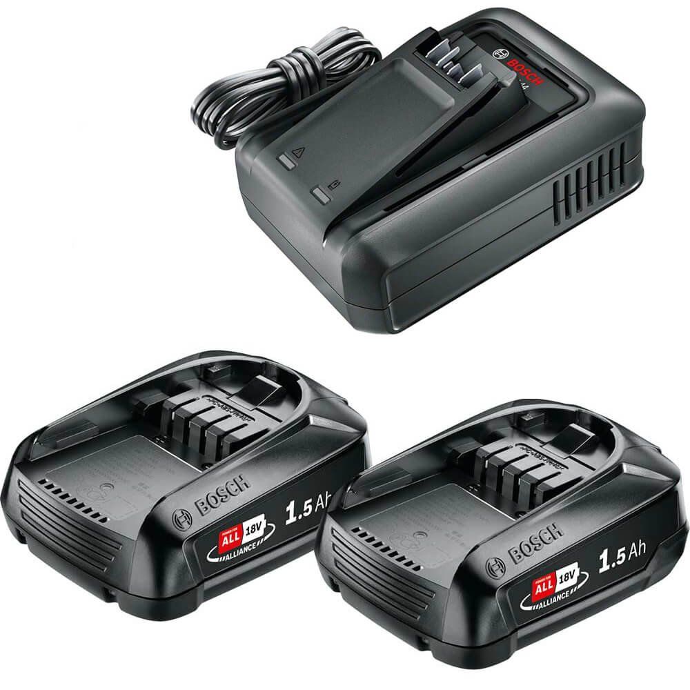 Bosch Genuine GREEN P4A 18v Cordless Li-ion Twin Battery 1.5ah and Fast Charger - Image 1