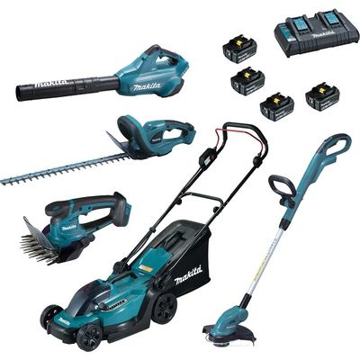 Makita 5 Piece 18v LXT Cordless Complete Garden Tool Kit 4 x 5ah Li-ion Twin or Dual Battery Charger