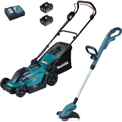Makita 18v LXT Cordless Rotary Lawnmower and Grass Trimmer Kit 2 x 5ah Li-ion Battery Charger