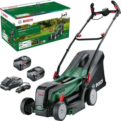 Bosch UNIVERSALROTAK 2X18V-37-550 P4A 36v Cordless Rotary Lawnmower 370mm 2 x 6ah Li-ion Battery Charger