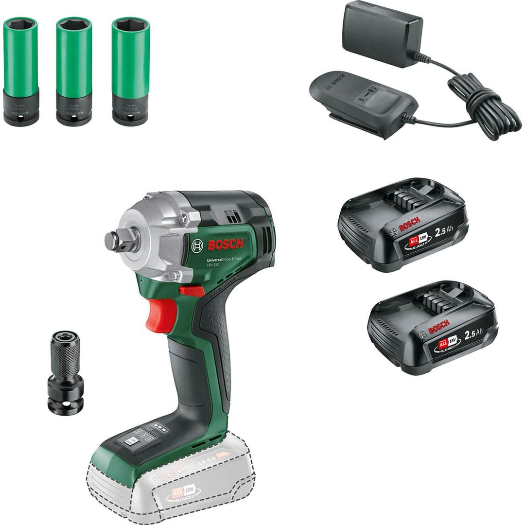 Bosch UNIVERSALIMPACTDRIVE 18V-350 P4A 18v Cordless Impact Wrench 2 x 2ah Li-ion Charger No Case with Accessories - Image 1
