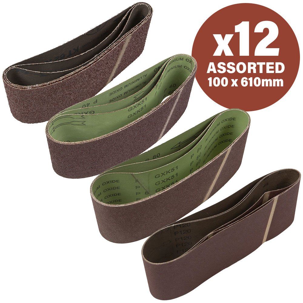 Sirius 12 Piece Assorted 100mm x 610mm Sanding Belts 100mm x 610mm Assorted Pack of 12 - Image 1