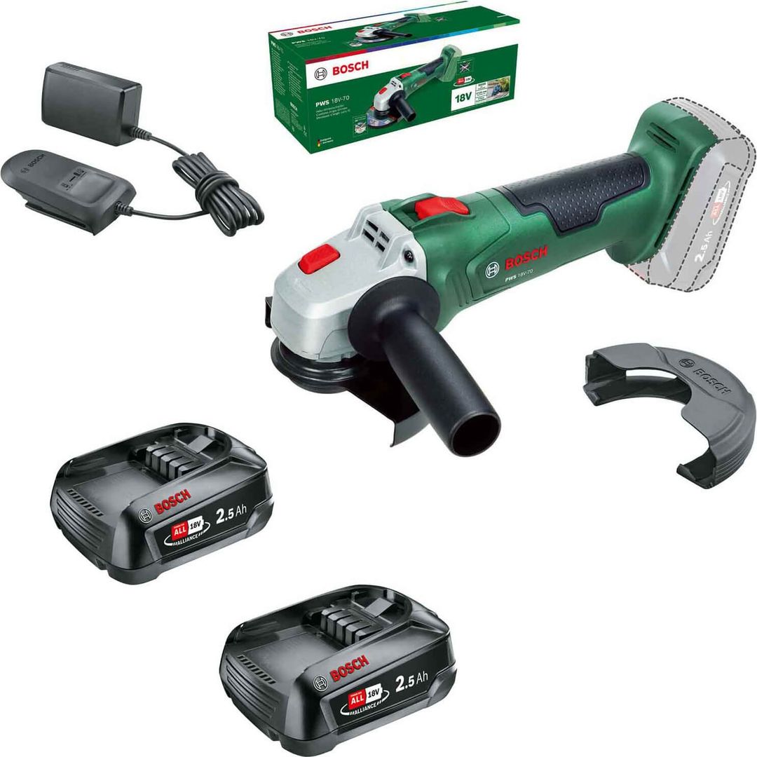 Bosch PWS 18V-70 P4A 18v Cordless Angle Grinder 115mm 2 x 2.5ah Li-ion Charger No Case - Image 1