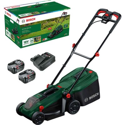 Bosch ROTAK 18V-32 P4A 18v Cordless Brushless Rotary Lawnmower 320mm 2 x 6ah Li-ion Battery Charger
