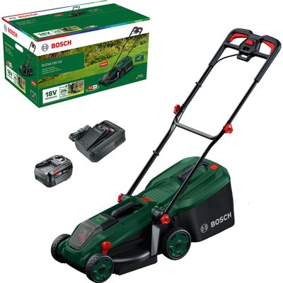 Bosch ROTAK 18V-34 P4A 18v Cordless Brushless Rotary Lawnmower 340mm 2 x 6ah Li-ion Battery Charger