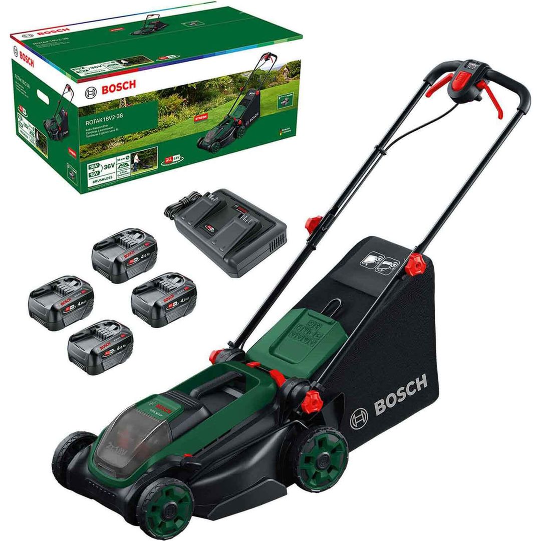 Bosch ROTAK 18V2-38 P4A 36v Cordless Brushless Rotary Lawnmower 380mm 2 x 6ah Li-ion Twin Battery Charger - Image 1
