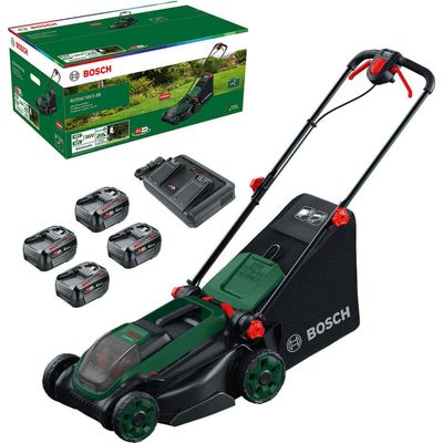 Bosch ROTAK 18V2-38 P4A 36v Cordless Brushless Rotary Lawnmower 380mm 2 x 6ah Li-ion Twin Battery Charger