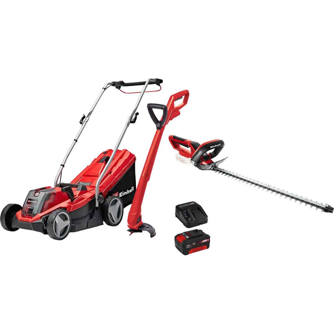 Einhell GE-CM 18v Cordless Rotary Lawnmower, Grass and Hedge Trimmer Kit - Image 1