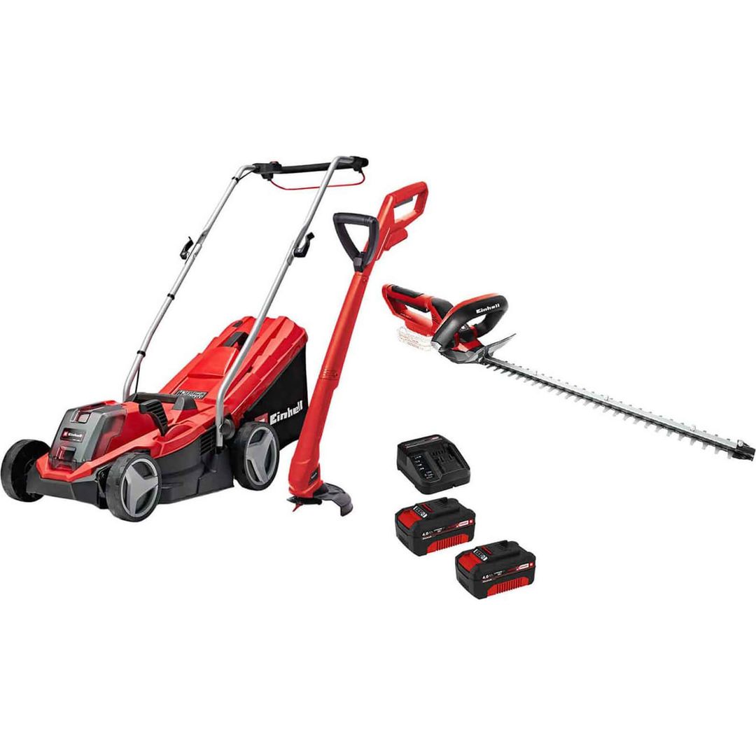 Einhell GE-CM 18v Cordless Rotary Lawnmower, Grass and Hedge Trimmer Kit 3 x 4ah Li-ion Battery Charger - Image 1