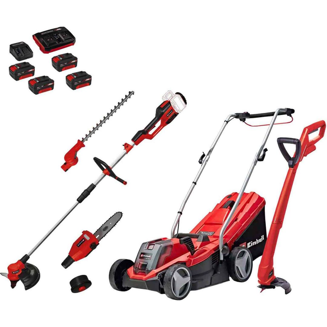 Einhell GE-CM 18v Cordless Rotary Lawnmower, Grass Trimmer and Multi Tool Kit 2 x 4ah Li-ion Battery Charger - Image 1