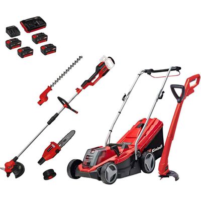 Einhell GE-CM 18v Cordless Rotary Lawnmower, Grass Trimmer and Multi Tool Kit 2 x 4ah Li-ion Battery Charger