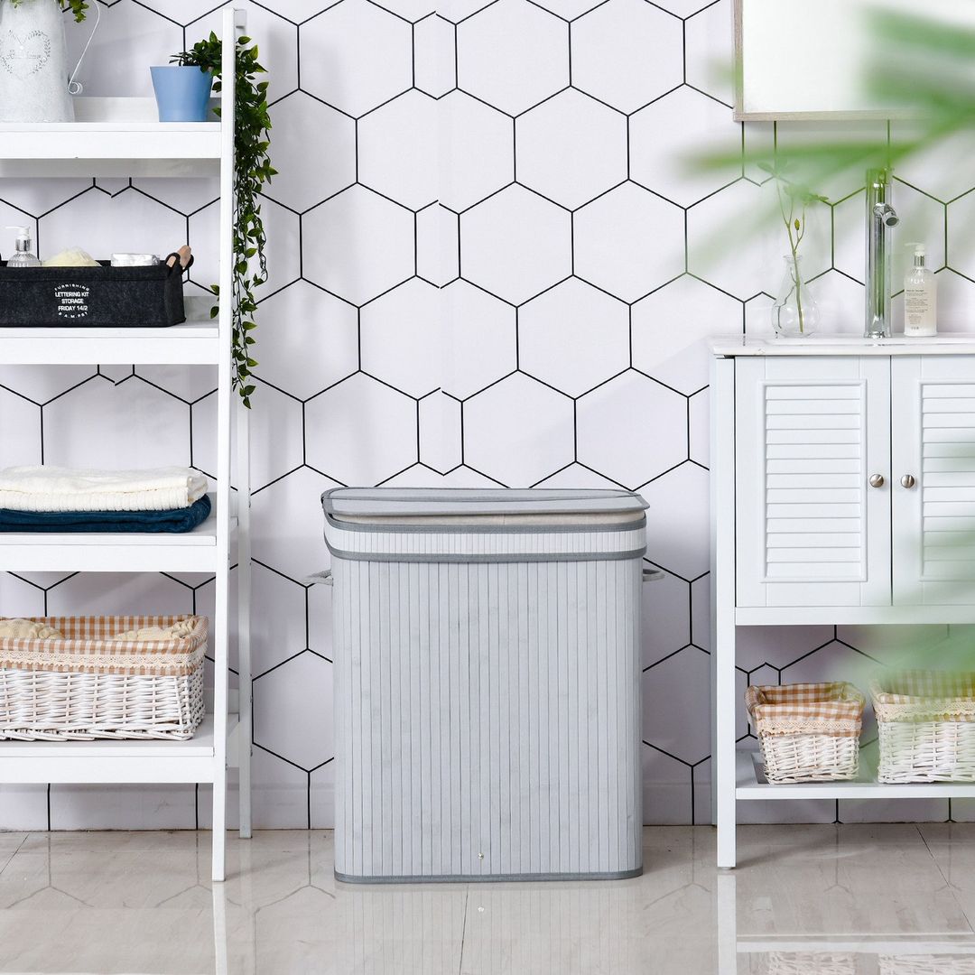 HOMCOM Bamboo Laundry Basket - Grey / 52cm / 32cm - Image 1