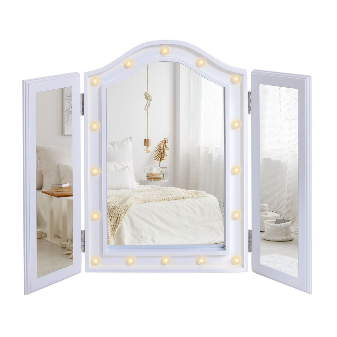 HOMCOM Lighted Tri Fold Vanity Mirror Makeup Tabletop LED Lights for Bedroom in White - Image 1