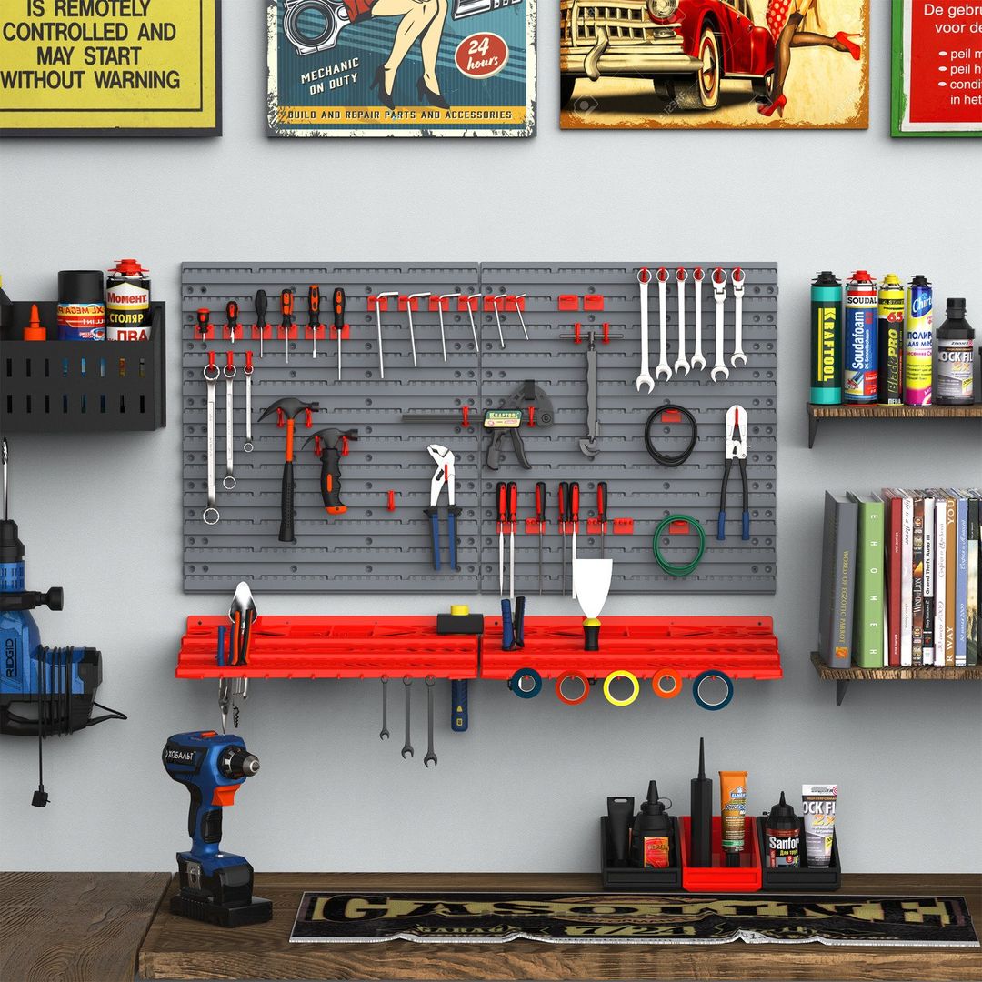 DURHAND 54 Piece On Wall Tool Equipment Holder - Grey and red - Image 1