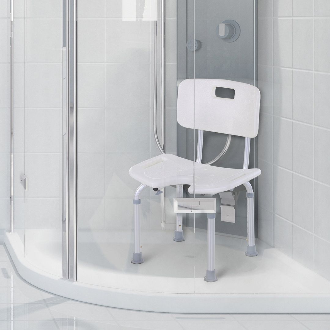 HOMCOM Adjustable Aluminum Bath Stool with Non Slip Feet - White and silver - Image 1