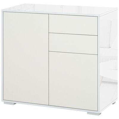 HOMCOM Push Open Side Cabinet with 2 Drawers and Door - High Gloss White