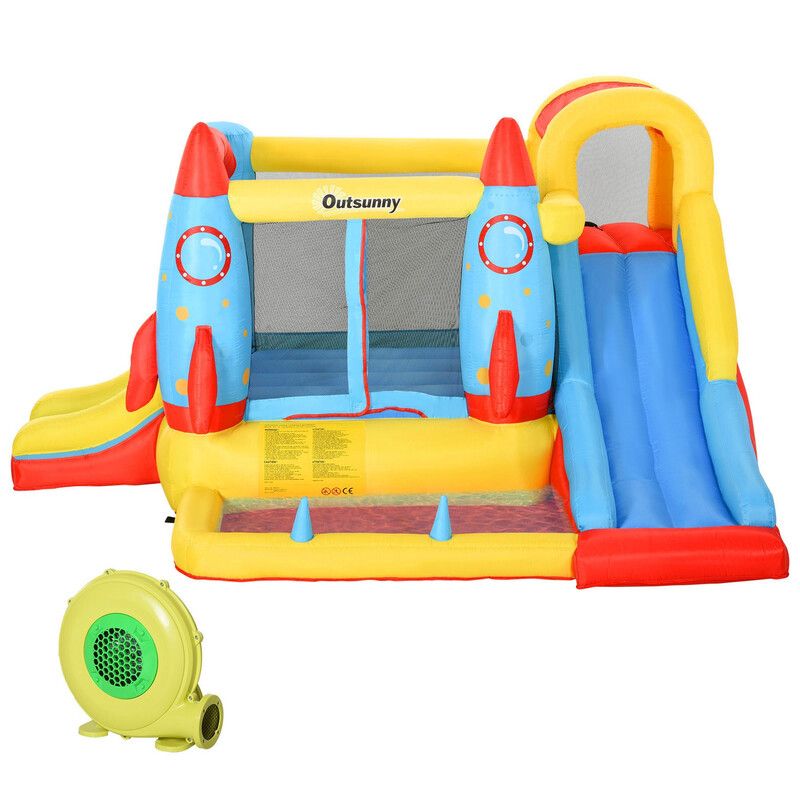 Outsunny Kids Rocket Design Castle Slide Pool Indoor Outdoor - Yellow - Image 1