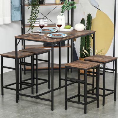 HOMCOM Industrial Rectangular Dining Set with 4 Stools - Black, Rustic Brown