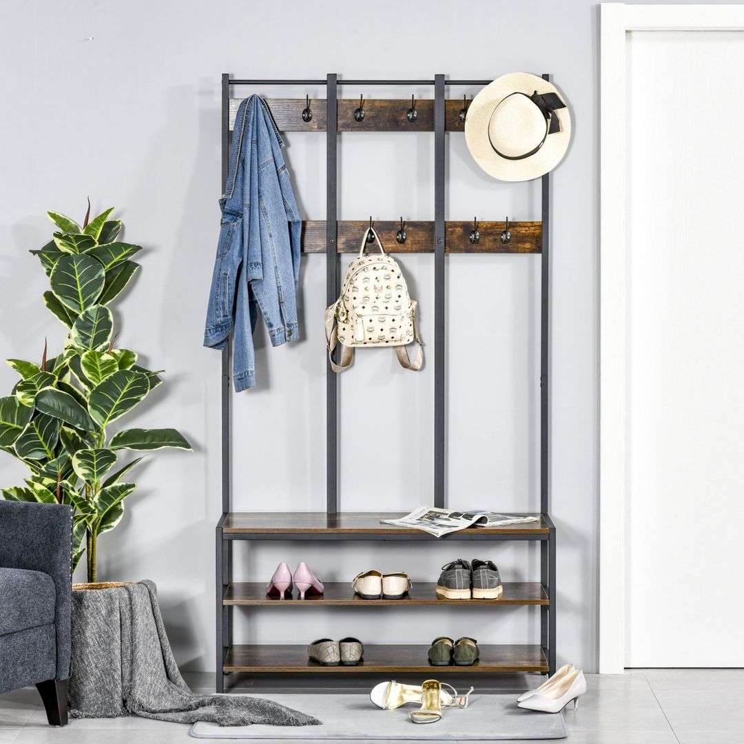 HOMCOM Industrial Coat Rack With Shoe Bench - Rustic Brown, Black - Image 1