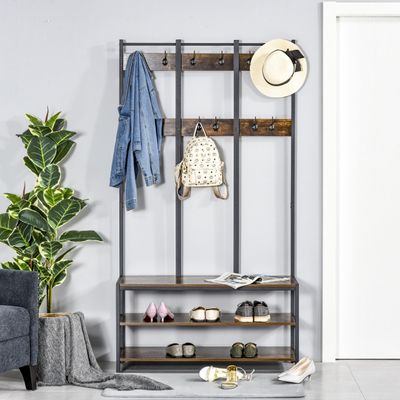 HOMCOM Industrial Coat Rack With Shoe Bench - Rustic Brown, Black