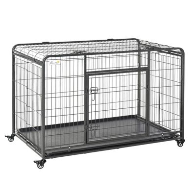 Pawhut Metal Dog Cage Kennel with Wheels Openable Top - Black / 125cm