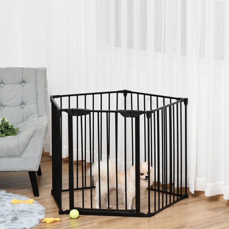 PawHut Pet Safety Gate 3-Panel Playpen Fireplace Metal Fence Fence White - Black / 74.5H x 300L x 3Wcm - Image 1