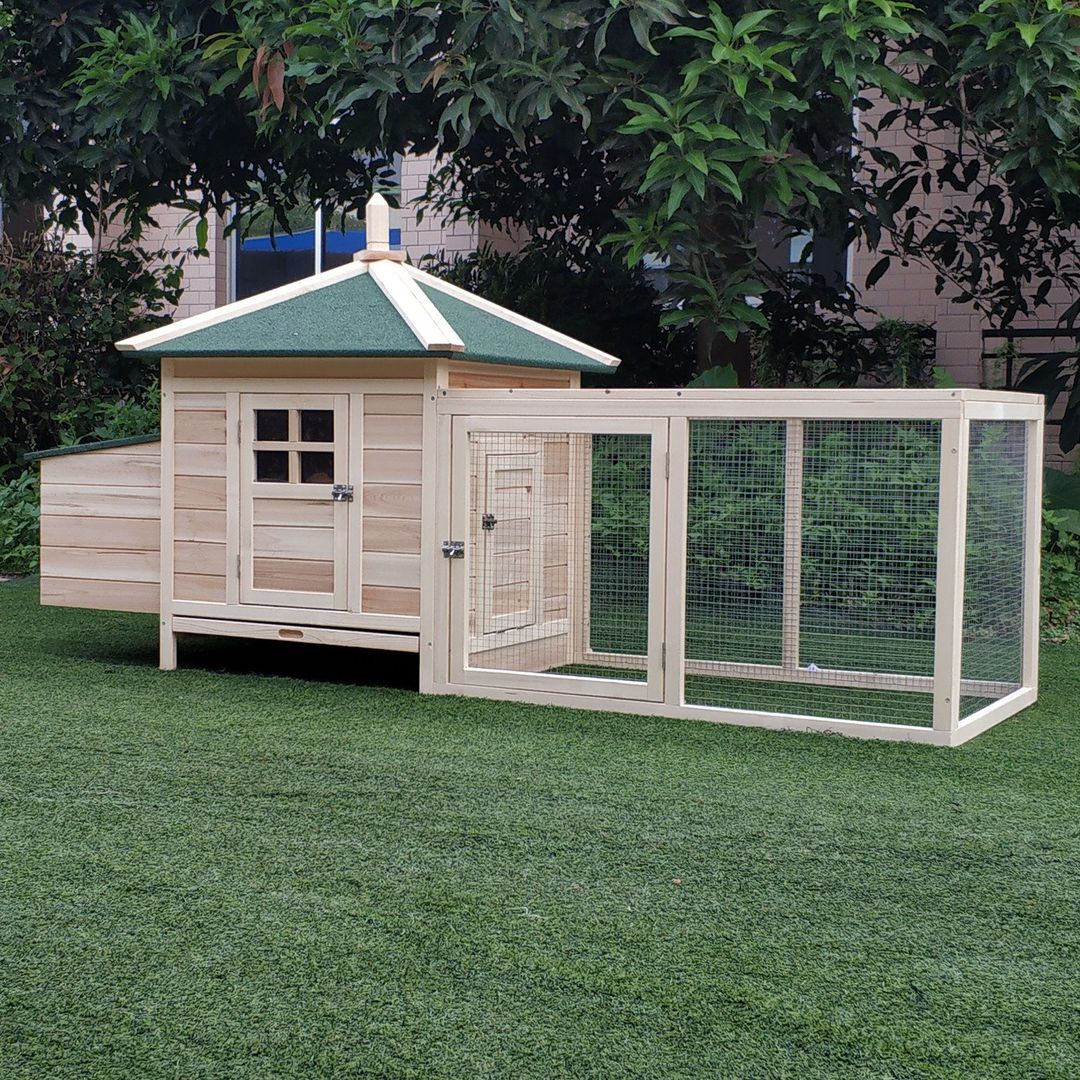 PawHut Chicken Coop Hen Poultry House with Nesting Box, Wooden Outdoor Run - Natural - Image 1